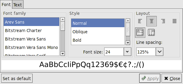 Text and Font dialog.