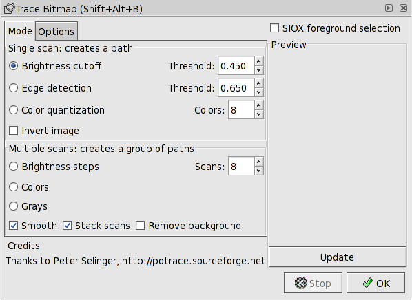 Trace Bitmap dialog, mode tab.