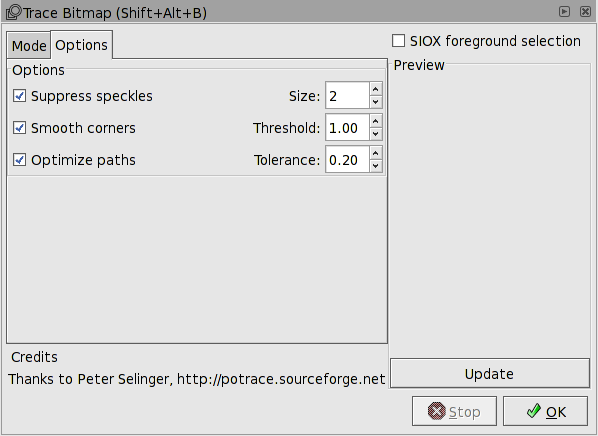 Trace Bitmap dialog, options tab.