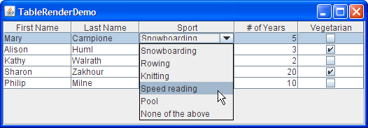 A combo box cell editor in use