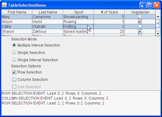 TableSelectionDemo with a non-contiguous row selection.