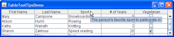 TableToolTipsDemo with a tool tip for a column header