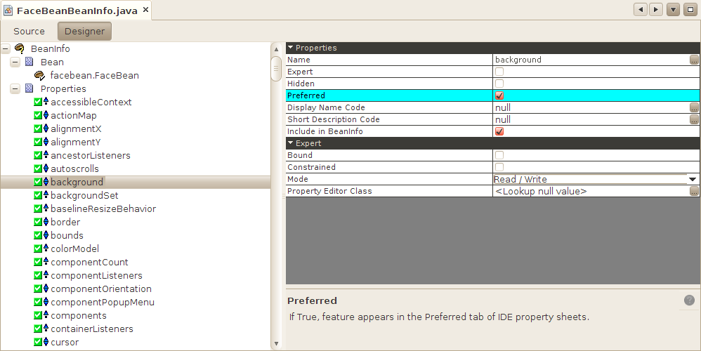 The BeanInfo visual editor