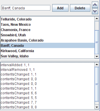 An output of the ListDataEventDemo which demonstrates list data events.