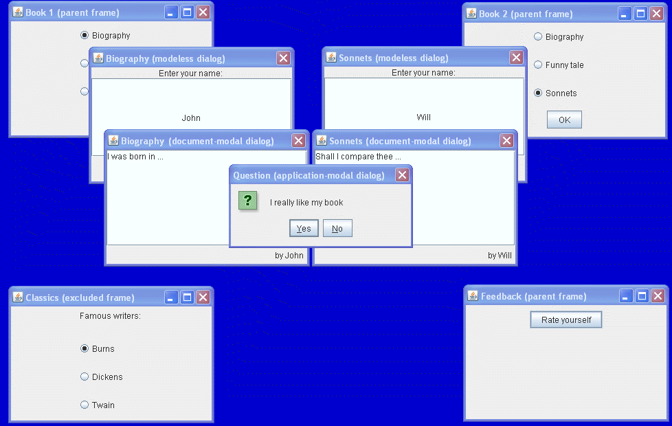 Four frames to demonstrate different modality types
