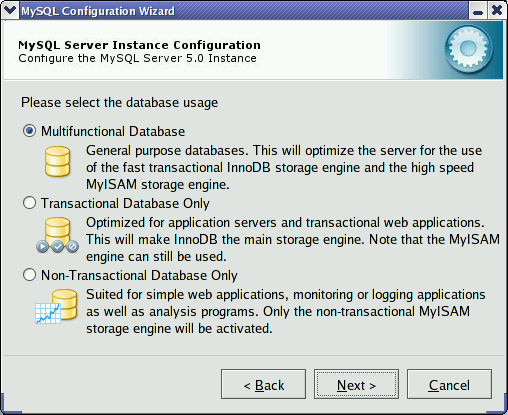 MySQL Server Configuration Wizard: Usage
Dialog