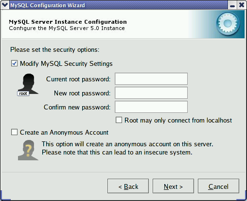 MySQL Server Configuration Wizard:
Security